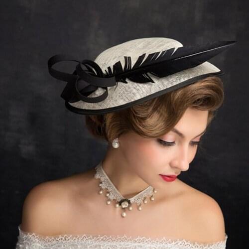 Top Hat Women Feather Flax Beige Retro Hats Versatile Headdress Noble England Style Formal Headwear