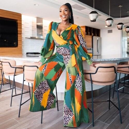 Plus Size Women Jumpsuit Fashion Sexy Printed Long Sleeve Romper Large Size Clothing Lady Office Long Wide-leg Pants New Arrival
