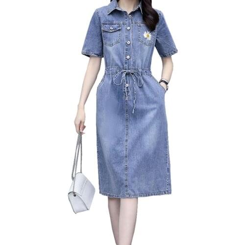 Plus size Loose Casual Denim Dress new Fashion Women Summer Dresses Lapel Short sleeve Pocket vestir Female OK739