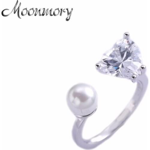 Moonmory Authentic 925 Sterling Silver Ring With White Pearl and Clear Crystal For Women Wedding Engagement Jewelry