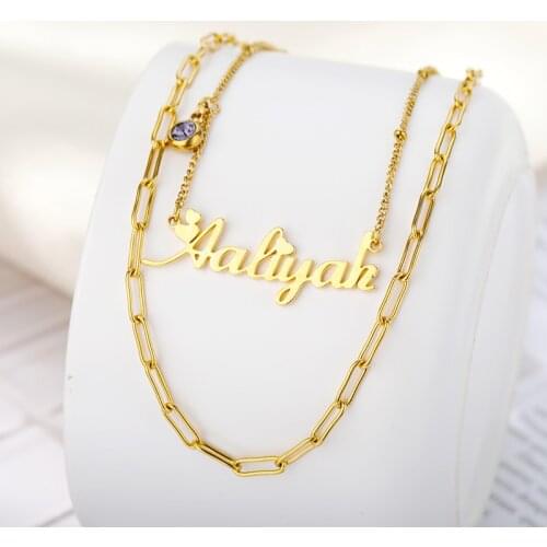 Necklaces for Women Custom Stainless Steel Zircon Jewelry Birthday Month Name Pendant Double Chain Collar Personalized Name Gift