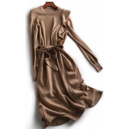 Sweater Dress Women 2021 New Spring Autumn Ruffled Knitted Round Neck Slim Inner Base Mid-Length Lady Clothing