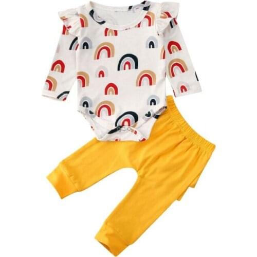 0-24M Newborn Kid Baby Girl Rainbow Print Clothes Long Sleeve Bodysuit+ Ruffle Pants Leggings 2pcs Outfit Set