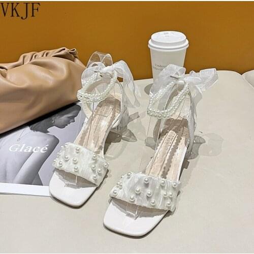 2021 Sandals Block Heels Female Shoe New Rhinestone Gladiator Chunky High Medium Girls Fashion Summer Pearl Retro Slipper