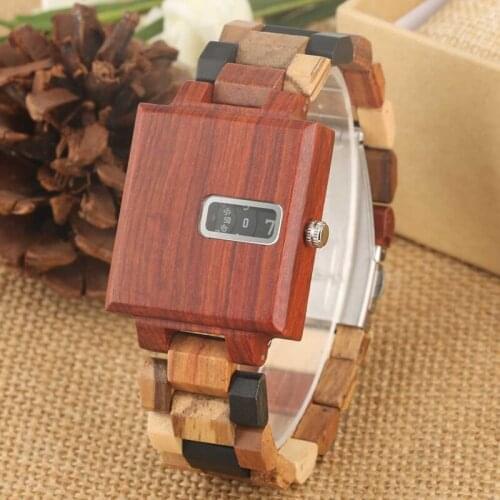 Royal Rectangle Wood Case Mens Watches Creative Turntable Display Mixed Color Wooden Band Watch Luxury Unique Woody Men Clocks
