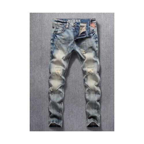 2021 New Vintage Men Jeans High Quality Retro Washed Patchwork Ripped Jeans homme Streetwear Slim Fit Hip Hop Jeans Men