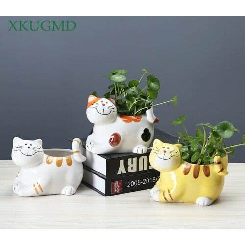 European Cartoon Ceramic Cute Cat Artwork Flower Pot Desktop Succulents Plant Pot Home Decorat Ornaments