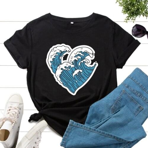 Summer Women Oversized T-shirt 100% Cotton Short Sleeve Heart Sea Wave Print Female Graphic Casual Vintage Shirts O-Neck Tee Top