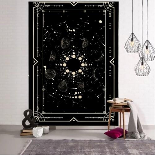Golden Sun Moon Tarot Mandala Tapestry Black Wall Hanging Witchcraft Hippie Wall Carpets Dorm Decor Psychedelic Tapestry