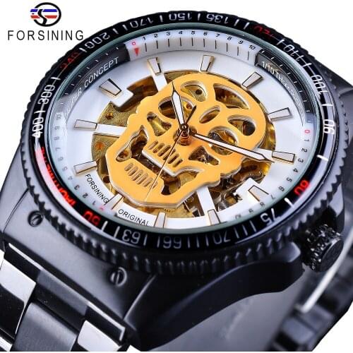 Forsining 2018 Fashion Skull Design White Golden Display Luminous Mens Mechanical Wrist Watches Top Brand Luxury Black Strap