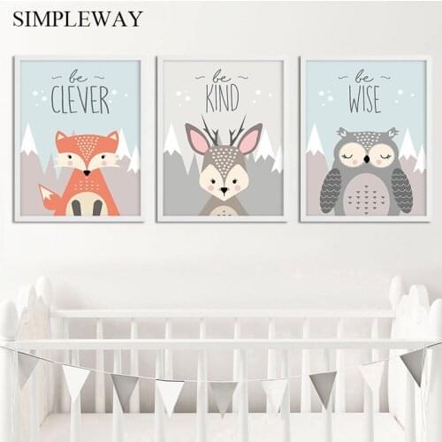 Cute Woodland Animal Deer Owl Fox Nursery Wall Art Canvas Poster and Print Painting Nordic Kids Baby Bedroom Decoration Picture