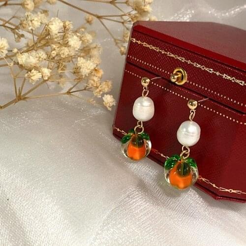 2021 New Wholesale Persimmon Ruyi Fresh Water Pearl Glaze Drop Oil Enamel Fashion Exquisite Lady Earrings