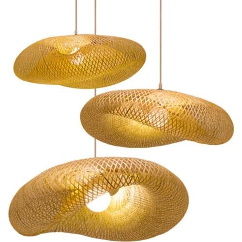 Bamboo LED E27 Wicker Rattan Wave Shade Pendant Light Vintage Japanese Lamp Suspension Home Indoor Dining Table Room