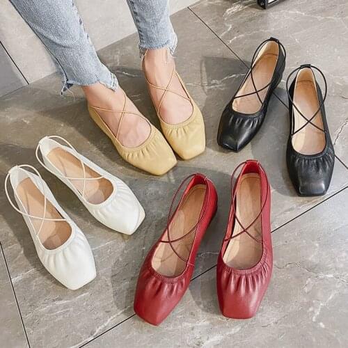 Women Shoes Mary Janes Low (1cm-3cm) Chunky Heels Genuine Leather Square Toe Casual Ladies Pumps Corss-Tied