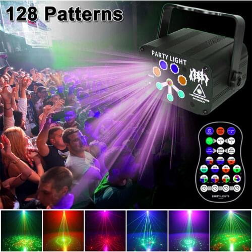 128 Patterns RGB DJ Led Stage Light USB UV Disco Laser Projector Lamp Sound Control Remote Control Strobe Light Home Party Decor