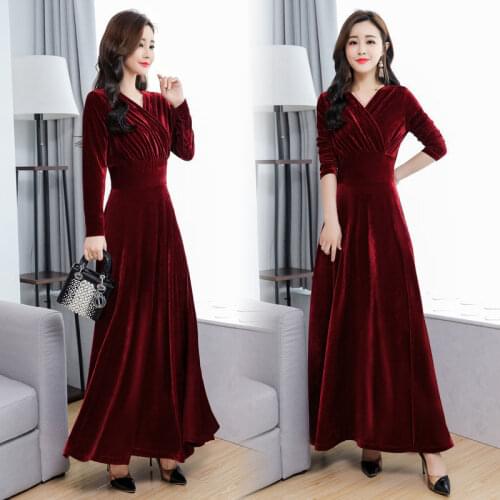 Spring Autumn Dress Women 2020 Casual Vintage Ball Gown Velvet Plus Size 3XL Sexy Long Party Dresses Vestidos Burgundy