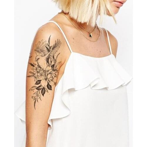 Temporary Tattoo Stickers Black Rose Peony Flowers Bird Meniscus Totem Fake Tattoos Waterproof Tatoos Arm Large Size for Women