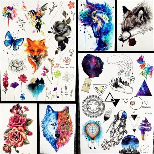 Fox Birds Henna Rose Flower Body Arm Sleeve Delphinium Temporary Tattoo Dandelion Water Transfer Tattoo Sticker Sweatpea Girls
