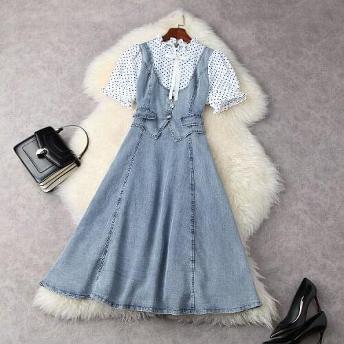 European and American womens wear for spring 2021 Short-sleeved polka-dot printed patchwork denim Fashion dress