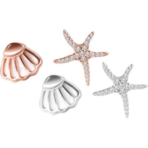 Ms new sterling silver rose gold hollow-out asymmetric white shell inlaid starfish earrings personality fashion jewelry