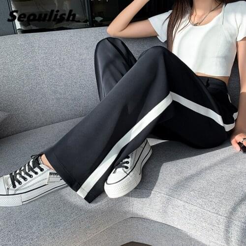 Seoulish 2021 New Casual Wide Leg Womens Pants Patchwork High Waist Female Elegant Office Work Loose Trousers Spring Summer