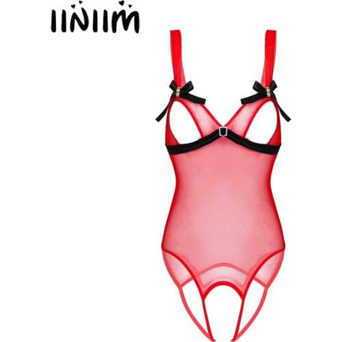 Womens Lingerie Christmas One-piece See Through Mesh Shoulder Straps Sleeveless Open Cup High Leg Cut Leotard Jumpsuit Bodysuit