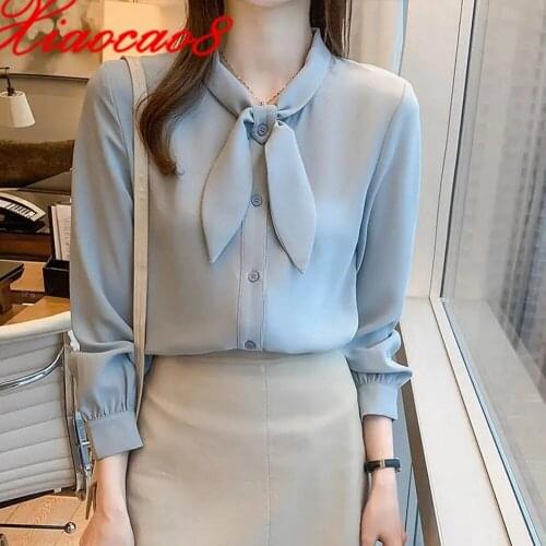 2021New Fashion Women Long Sleeve Chiffon Blouse with Bow Female White Blue Full Elegant Shirts Tops Plus Size Womens Clothing