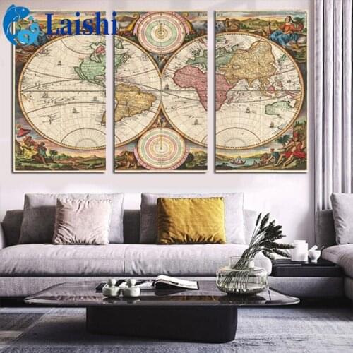 3pcs Vintage world map Diamond Painting Full Round Rhinestone Paintings Diamond Embroidery Cross Stitch Mosaic Home Decoration