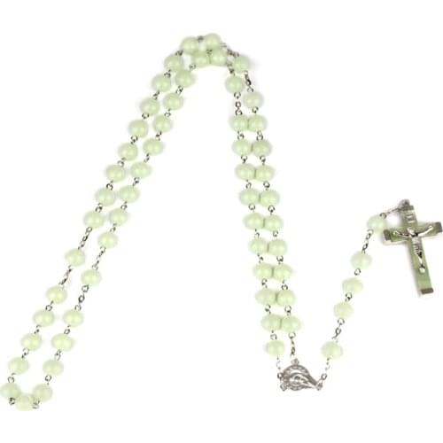 8mm Glow in the Dark Rosary Necklace Jesus Christ Cross Pendant Noctilucent Long Chain Catholicism Religious Fashion Jewelry
