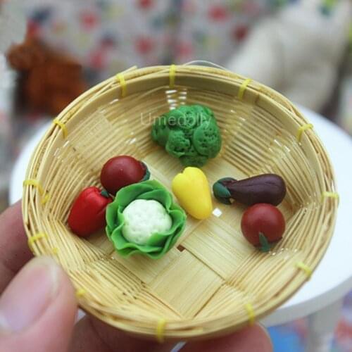 1 Set Bamboo Basket and Mini Vegetables for 1/12 Dollhouse Miniature Kitchen Play Doll Food Accessories Toy