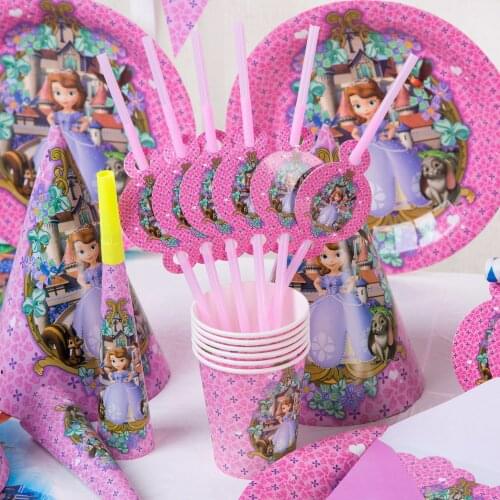 Disney Anime Figures Theme Party Supplies Kawaii Girls Birthday Decorations Dinner Tableware Paper Hat Cup Horn Blow Dragon Toys