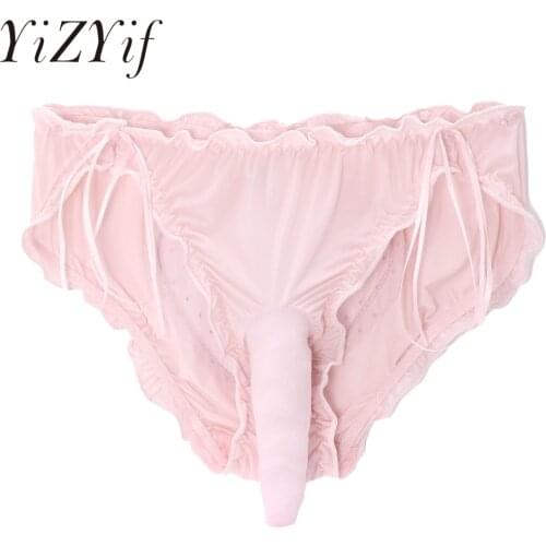 Men See-through Bowknot Decor Sissy Panties Lingerie Bulge Pouch Ruffles Briefs Underwear Mesh Heart Shaped Back Sexy Underpants