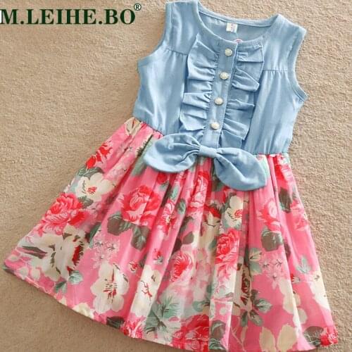 Girls Denim Floral Dress Summer Party Dress with Bow Children Flying Sleeveless Casual Clothing Baby Girl Kids Fashion Outfit