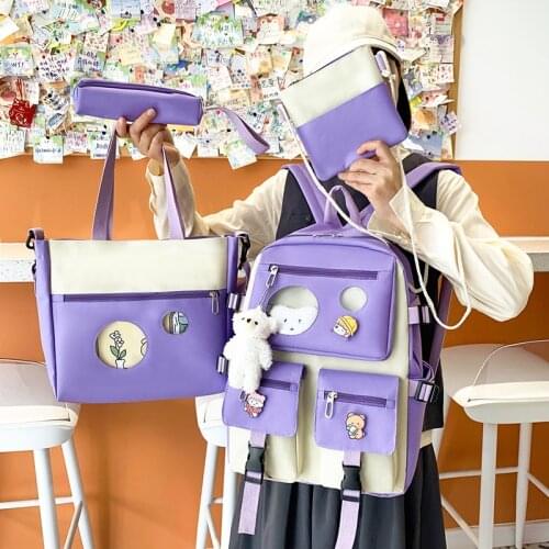 4 Piece Canvas Women Backpack Cute Girl School Bag Kawaii Scoolbag For Elementary School Students Large Woman Book Bags 2021