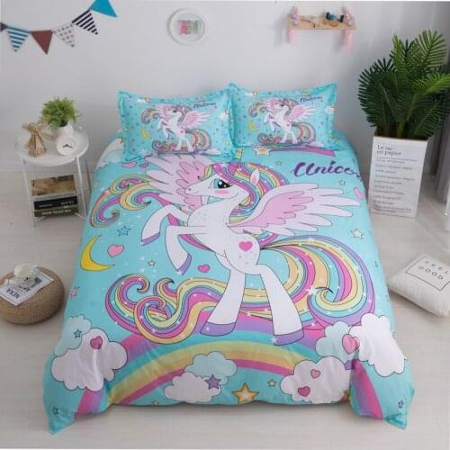 Bedding Sets King Double Size Cartoon Unicorn Pint Single Double King Bed Kids Bedding Kit Duvet Cover with Pillowcase Set