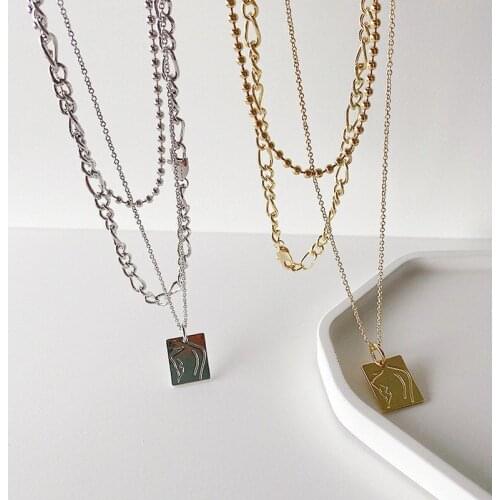 Statement Multilayer Metal Square Abstract Pattern Pendant Necklace for Women Asymmetry Mix Chunky Chain Choker Necklace Jewelry