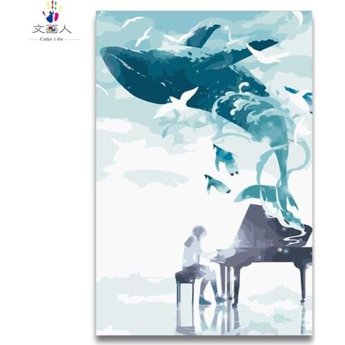 DIY Painting By Numbers Anime picture Girl playing music and Whale seagull enjoying music,drawing Coloring By Numbers for girls