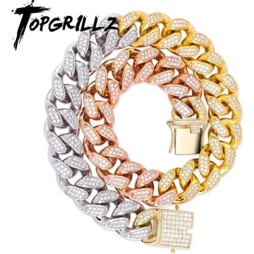 TOPGRILLZ Copper Gold Color Plated Iced Out CZ Stone 14mm Chain Necklace Hip Hop Rock Male Jewelry Necklaces With 18" 22" Sizes