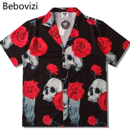 Bebovizi Skeleton Rose Print Short Sleeve Shirts Fashion Men Summer Casual Beach Hip Hop Black Shirt Tops Streetwear Camisas