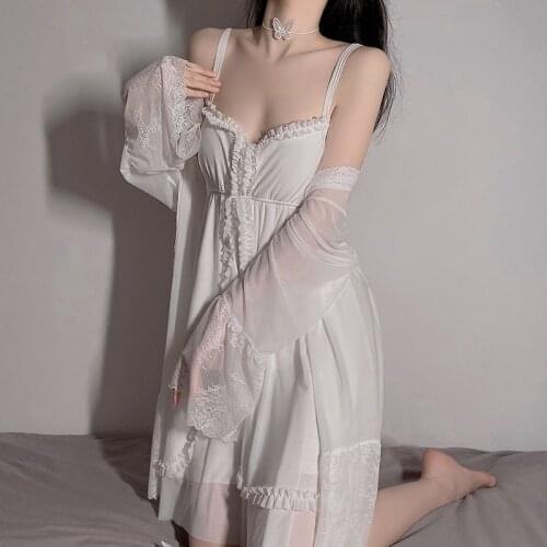 Sexy Underwear Lingerie Womens Robe Set Homewear Sweet Lace Pajamas Nightgown Female V-Neck Sling Nightdress Erotic Sleep Dress