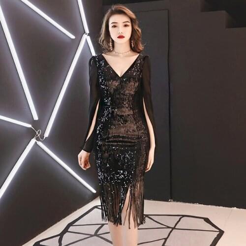 SIDAIMI Party 2021 New Womens Black Sequin Dress Elegant Long Chifon Sleeve Dress Tassel Party Short Dress