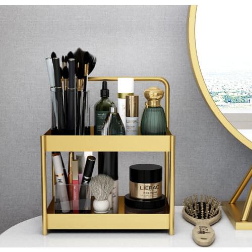 Nordic Golden Cosmetic Organizer Box Kitchen Bathroom Perfume Jewelry Stand Large Capacity Double Layers Sundries Storage Rack