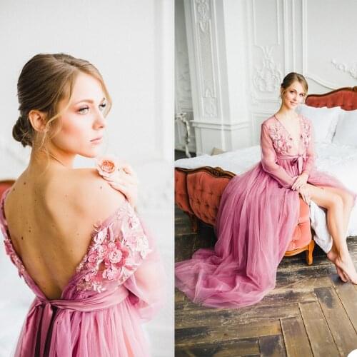 Bridal Tulle Maternity Dress Robes For Photo Shoot Baby Shower Ruffle Chic Women Dresses Pink Nightgown Photography