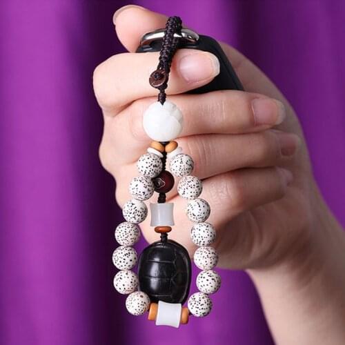 Tibetan Buddhist Braided Rope Lucky Knots Keychain Natural Bodhi Beads Carved Lotus Amulet Handmade Turtle Charms Car Key Holder