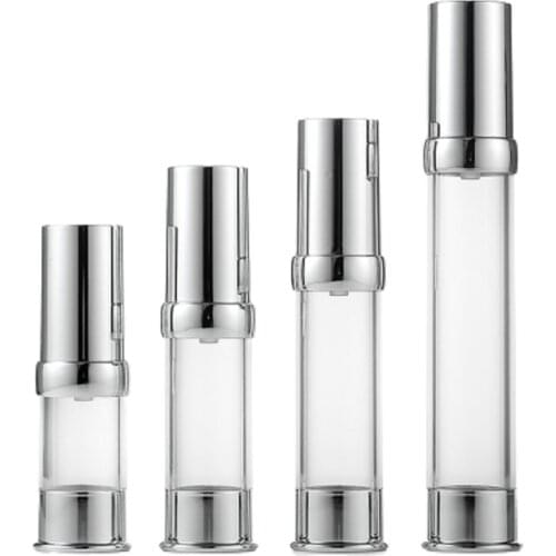Vacuum Cosmetic Emulsion Lotion Packaging 5ML 10ML 15ML 20ML 30ML Shiny Silver Clear Airless Pump Spray Atomizer Bottles 25pcs