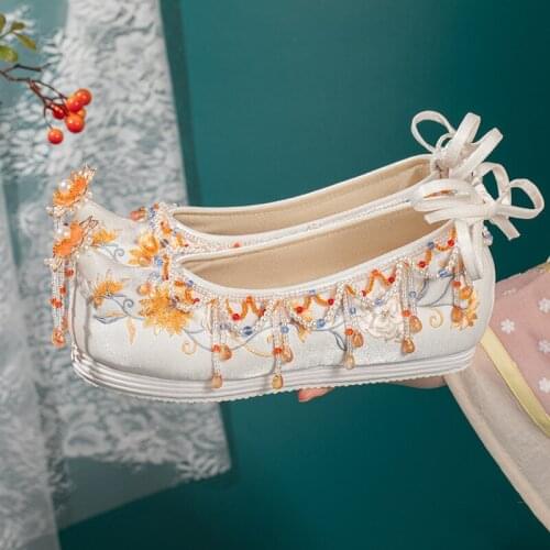 Flowers Crown Women Round Toe Embroidery Floral Beads Tassels Hanfu Chinese Style Hidden Heel Pearls Shoes