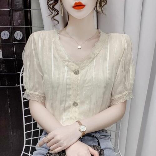 Ladies shirt fashion temperament new spring and summer 2021 foreign style all-match short-sleeved lace shirt casual top
