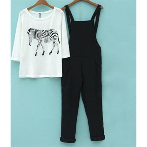 2020 New Summer Two Pieces Loose Girl Suspender Harem Pant+Print T-shirt Spring Casual Lady Big Size Ankle-length Pant Femme 346