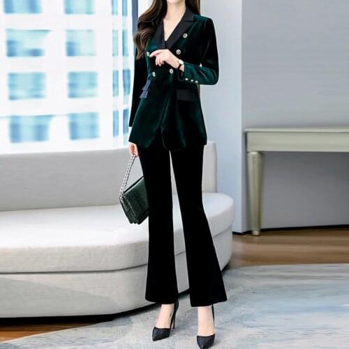 Fashion Women Blazer Suits Long Sleeve Double- Breasted Velvet Blazer Pants Suit Office Ladies Two-piece Blazer Sets 2021 Spring