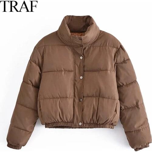 TRAF ZA Women 2021 Vintage Street Khaki Zipper Pockets Cotton Coat Thick Warm Short Parkas Jacket Ladies Autumn Winter Clothes